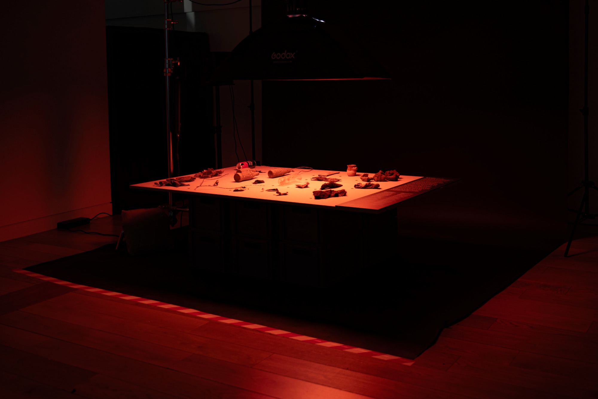 View of the exhibition, installation with objects found